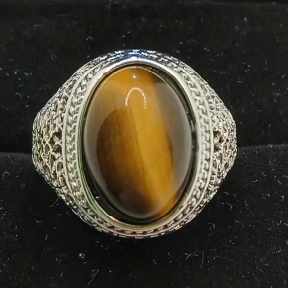 MENS FASHION NEW SIZE 9 CLASSIC STRIPED TIGER EYE  SILVER RING - Picture 1 of 5
